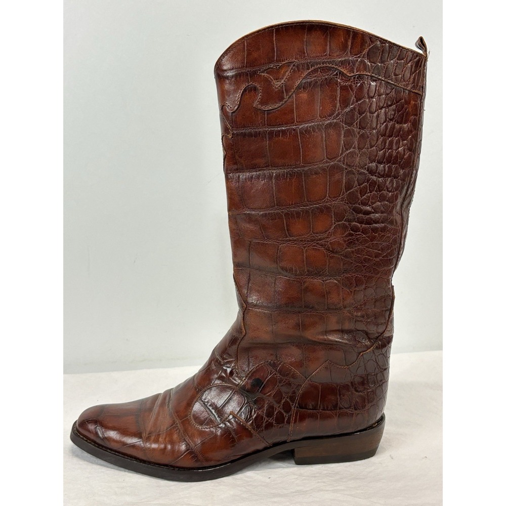 Vtg Joan And David Croc Embossed Leather Boots Women's 37.5 US 7 Brown Western